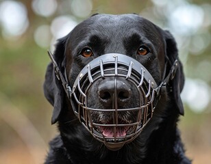 Black labrador retriever wearing a muzzle posing in nature