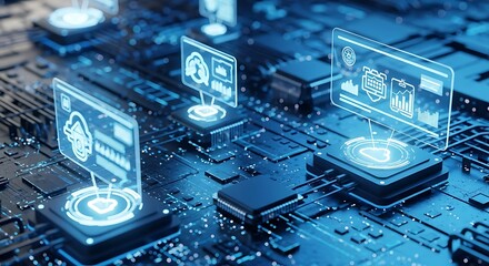 A futuristic digital landscape featuring interconnected circuits and holographic data visualizations, representing the convergence of technology, cybersecurity, and artificial intelligence