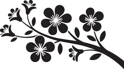 Black silhouette of a stylized flowering branch with elegant blossoms and leaves