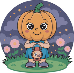Naklejka premium Cute Pumpkin Girl Holding Lantern Vector Illustration for Autumn and Fall Designs