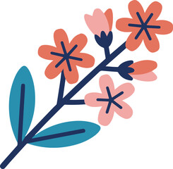 Colorful stylized floral branch with pink and coral flowers blue leaves and buds
