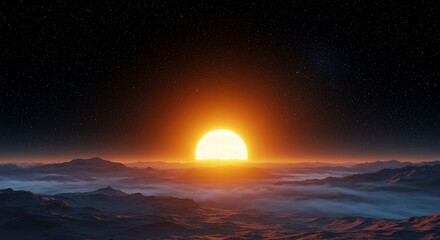 Cosmic Dawn: A Giant Sun Rises Over a Foggy, Alien Mountainscape