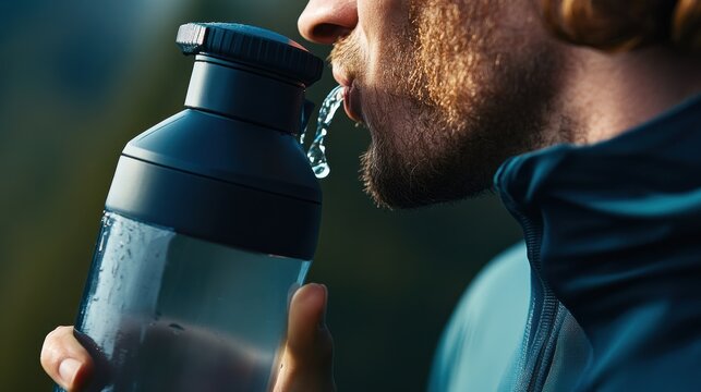 Person drinking water from a reusable bottle.