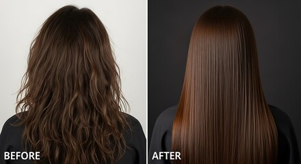 Before and after hair treatment showing a transformation from frizzy to smooth and shiny hair, highlighting the effectiveness of a beauty product or salon procedure