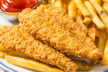 Deep Fried Tender Chicken Fingers and French Fries