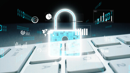 This image showcases a digital security concept featuring a lock symbol integrated with data visualization elements on a keyboard, emphasizing the importance of cyber security. Xenic