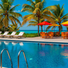 A high-contrast, hot-colored image of a resort pool with a side ladder, lounge chairs, a wooden deck with tables, palm trees, and a turquoise sea under a summer blue sky, from a different angle.

