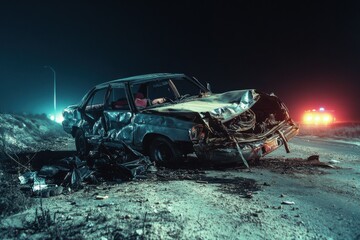 Damaged vehicle on a night road.