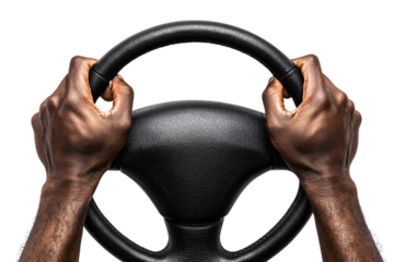 Confident hands grip steering wheel, ready for the journey ahead, symbolizing control and purpose.