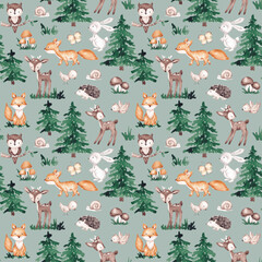 Woodland scene seamless pattern hand drawn with watercolor. Cute forest animals and plants. Gender neutral design. For kid textile, fabric, clothing, cards, wallpaper
