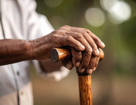 Close up of wrinkled hands of old man holding a cane