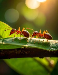 Two red ants walking on green leaf at sunset