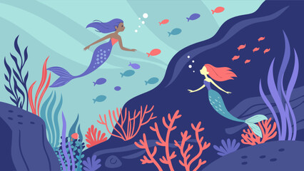 A whimsical cartoon illustration featuring two mermaids swimming underwater amidst colorful fish and coral, creating a magical and enchanting marine scene filled with fantasy and adventure
