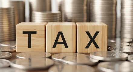 Tax Planning and Financial Security - Wooden blocks spelling TAX on a pile of coins, symbolizing financial planning and tax season