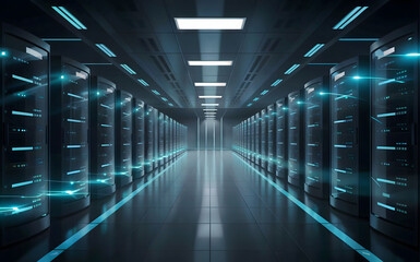 Futuristic Digital Illustration of a Symmetrical Server Hallway with Glowing Blue Lighting in a High-Tech Data Center Environment