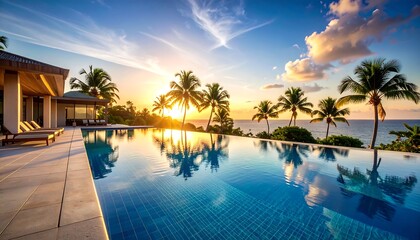 Luxury tropical resort infinity pool at sunset with palm trees and ocean view reflecting in the water