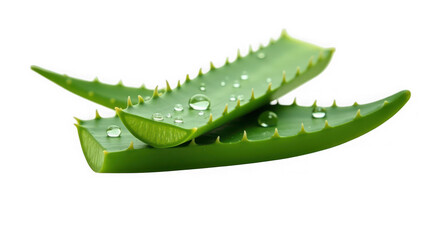 Naklejka premium Fresh aloe vera leaves with water drops isolated on transparent background for natural beauty treatment