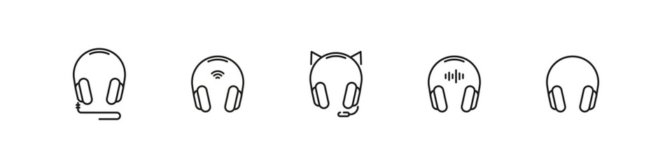 Headset, headphones, microphone set of linear icons.
Audio and gaming device outline collection.
