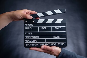 Obraz premium Filmmaking production clapperboard held by hands ready to start filming scene in a studio with dramatic lighting and dark background