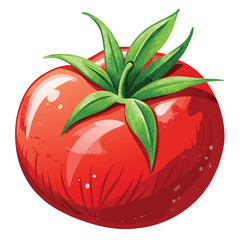 Watercolor Style Vector Tomato with Stem and Leaves on White Background  