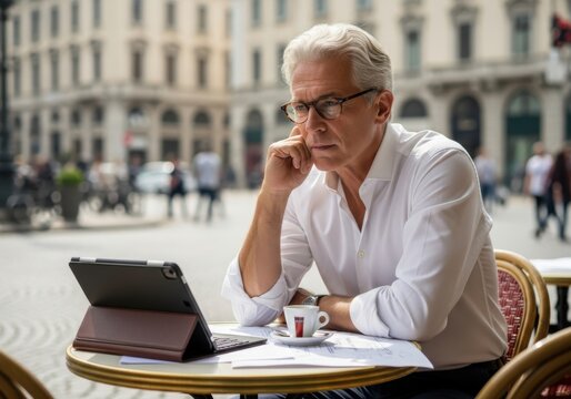 Mature businessman working on his tablet at an outdoor cafe in the city while enjoying a cup of coffee on a bright sunny day