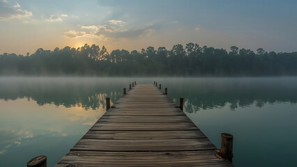 A long wooden pier stretches out into the misty lake.