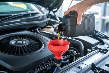 Close up of a person s hand pouring fresh motor oil into a car engine through a red funnel during routine maintenance