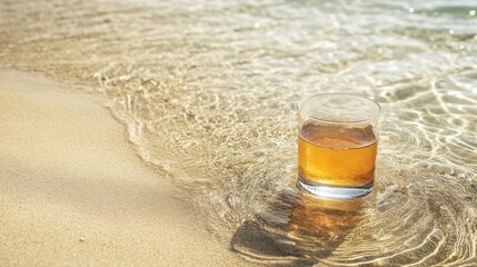 Glass of drink on the beach.