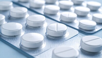 Close up of white round pills in a silver blister pack on a light blue background