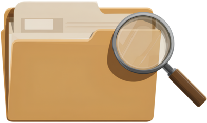 An icon of a paper document in an open brown file folder, with a magnifying glass on a transparent background.