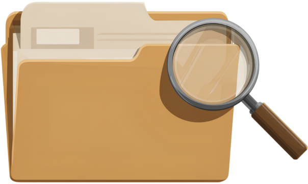An icon of a paper document in an open brown file folder, with a magnifying glass on a transparent background.