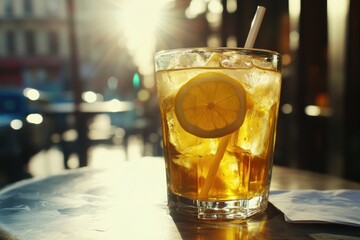 Iced tea with lemon in a glass on a table outdoors.