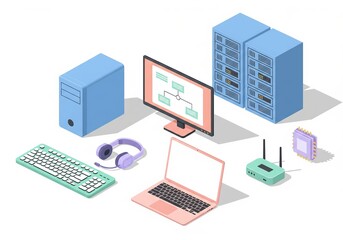 Isometric tech bundle set featuring mechanical keyboard, headphones, CPU, widescreen monitor, laptop and networking devices on clean white background