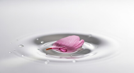 Pink petal floating on water surface with ripples isolated on white background