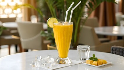 glass of mango juice on table