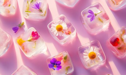 Frozen botanical cubes arranged artfully, displaying delicate flowers suspended in ice against pastel pink surface, capturing ethereal summer cooling aesthetic