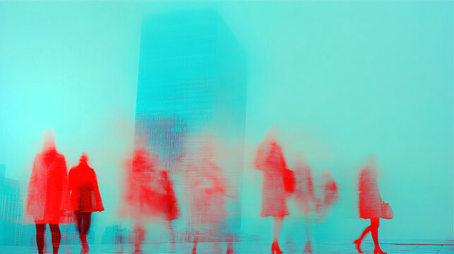 Walking people in city soft motion, abstract art with blur and motion effect, postmodernism style