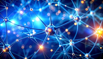 Abstract neural network with glowing blue connections and bright orange nodes representing brain activity and artificial intelligence
