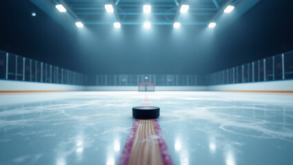 Professional hockey rink with bluish ice, stick and puck centered &mdash; ideal for sports designs, fan posters, or game content.