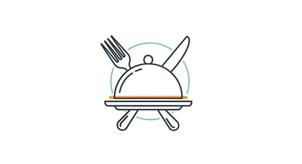 A simple line drawing of a covered dish with fork and knife on a white background design element on transparent background