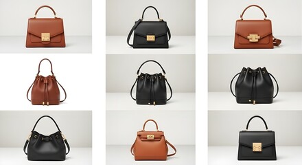 A collection of nine stylish handbags in varying designs and colors on a plain background display on transparent background