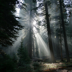 Fototapeta premium Lush green forest path in morning light 