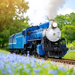 Naklejka premium Blue train in a flowery field