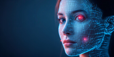 Futuristic cybernetic woman with digital blue grid overlay and red eye in dark background