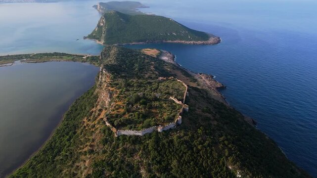 Aerial videos of Voidokilia Beach and Navarino Castle in the Peloponnese, Greece