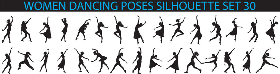  Women Dancing Silhouette Set – Elegant Female Dance Poses, Vector Clipart for Design and Decoration