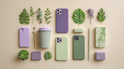 Purple and green phone cases with botanical elements and drink cup leaves