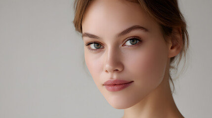 Obraz premium Serene Beauty: A captivating close-up captures a woman's poised and introspective expression, highlighted by her radiant complexion and delicate features, showcasing a tranquil moment.