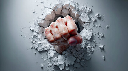A fist punching through a wall. The fist contracted from the inside of the wall, creating a hole in the rough, uneven surface of the material.