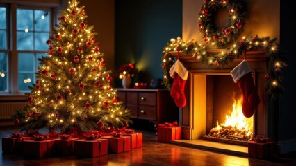 Christmas night in the house. Christmas tree with presents, fireplace with socks for gifts, festive interior. Merry Christmas card, poster